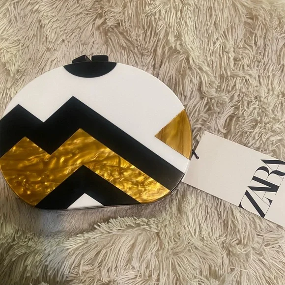 Zara Black and Gold Box Geometric Clutch - Picture 2 of 7